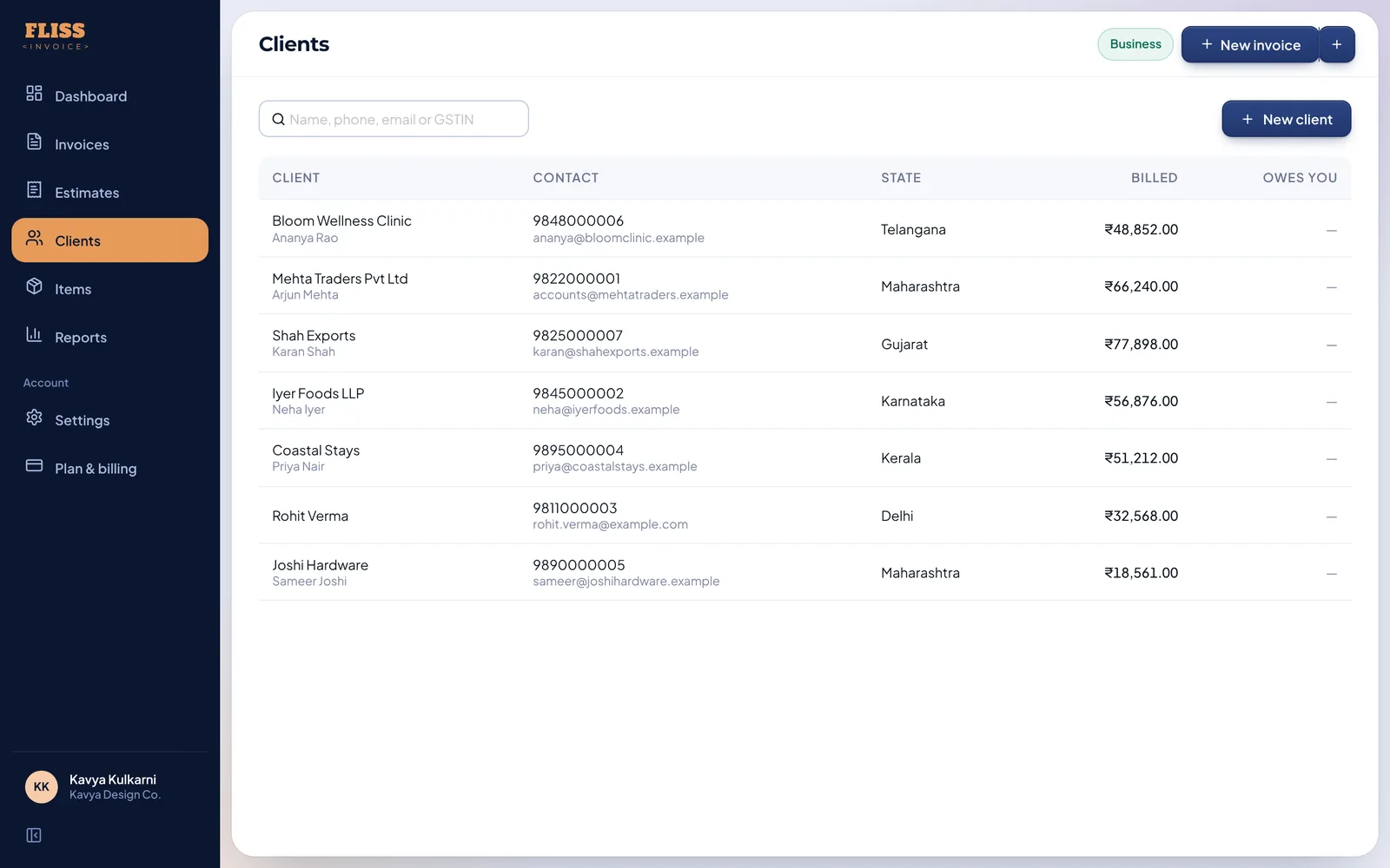 Client list with amounts billed and owed