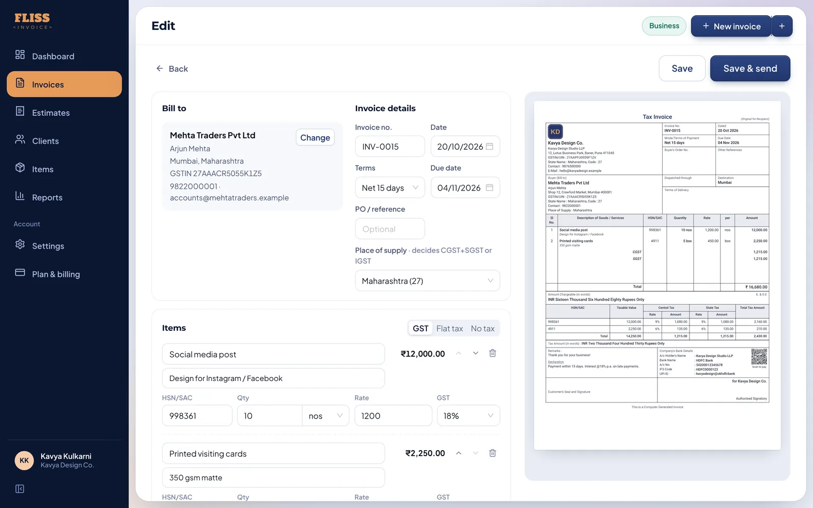 Invoice editor with a live Tally-format preview