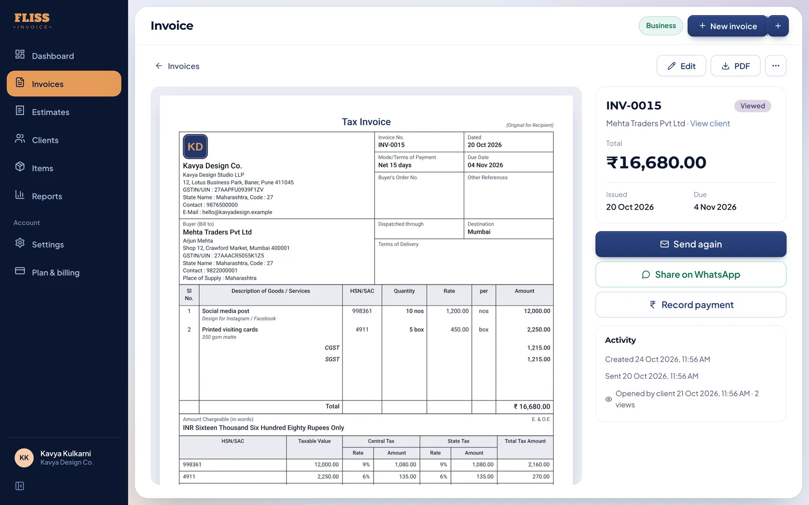 Invoice detail with send, share and payment actions
