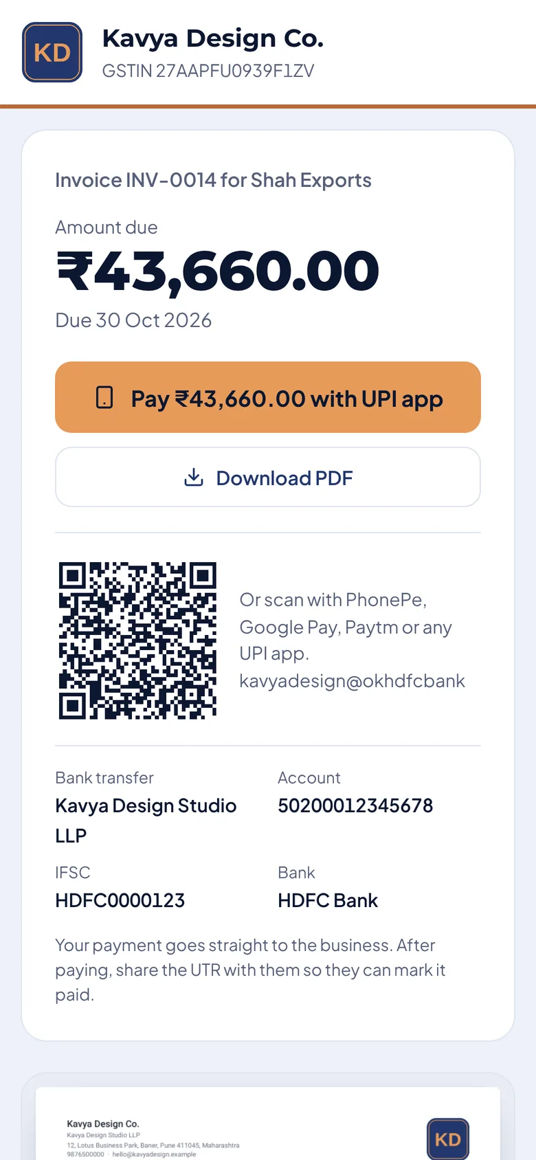 A client paying an invoice by UPI on a phone