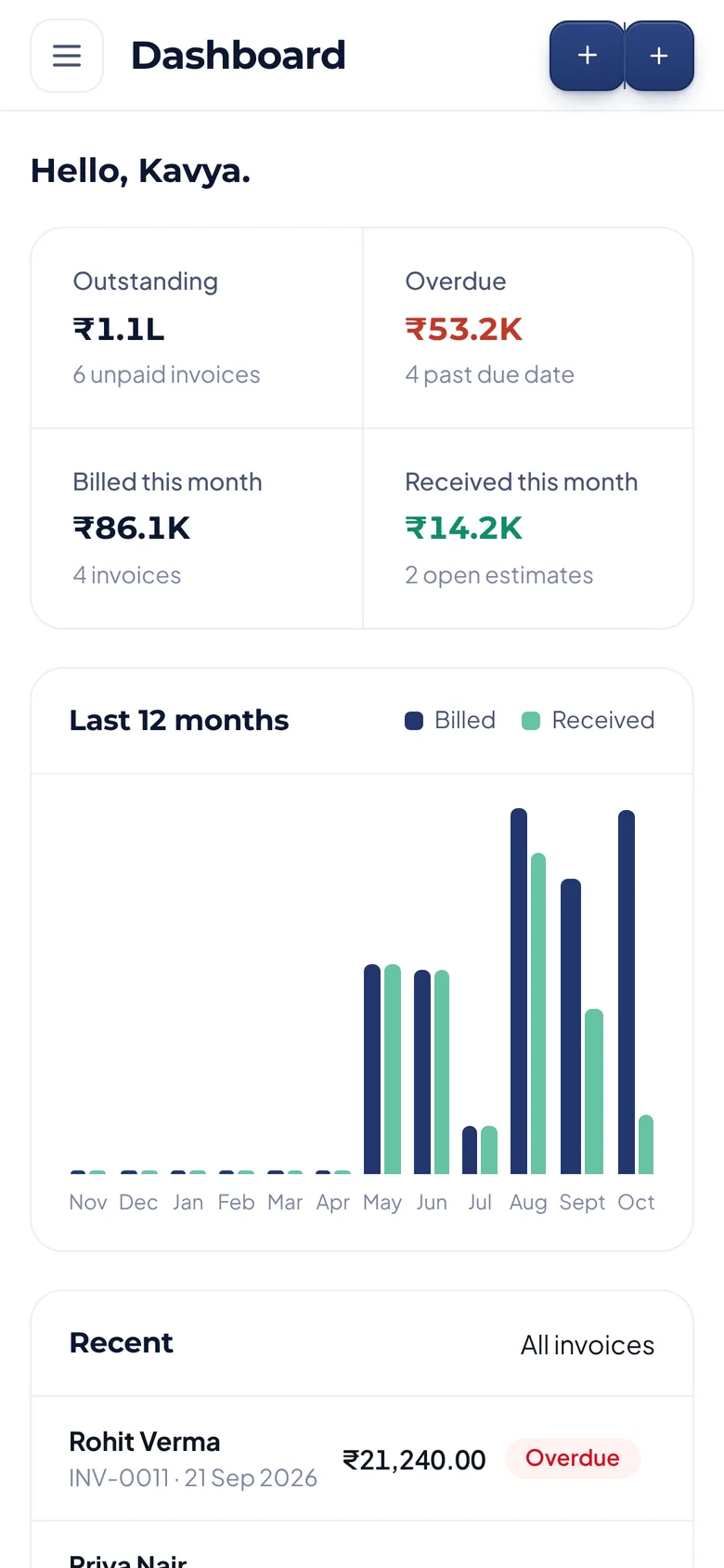 Fliss Invoice dashboard on a phone
