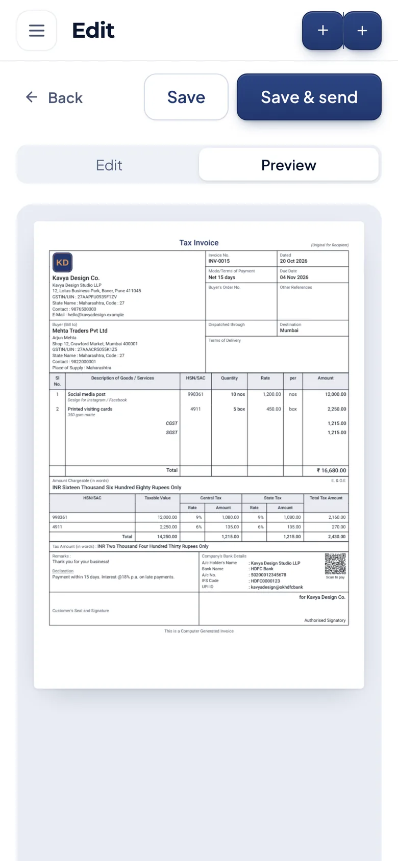 Invoice preview on a phone